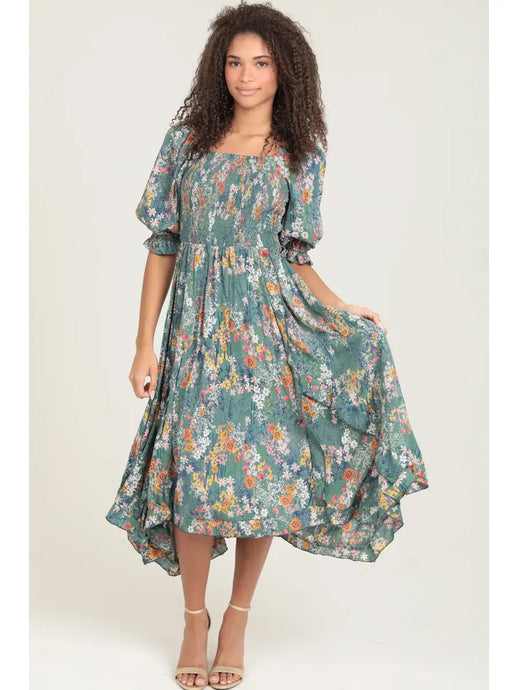 Smocked Bodice Half Sleeve Hanky Hem Midi Dress