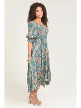 Load image into Gallery viewer, Smocked Bodice Half Sleeve Hanky Hem Midi Dress