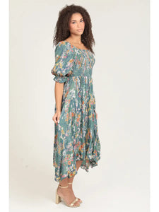 Smocked Bodice Half Sleeve Hanky Hem Midi Dress