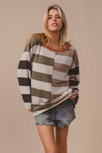 Stripe Print Brushed Hacci Knit Color Block Top