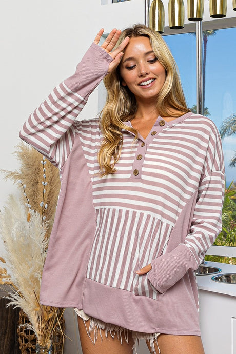 Thermal Stripe Button Henley Neck Top