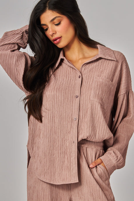 Crinkled Plisse Button Down Shirt Loungewear