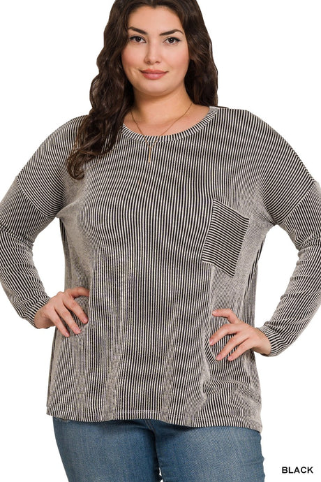 Plus Ribbed Striped Oversized Long Sleeve Top