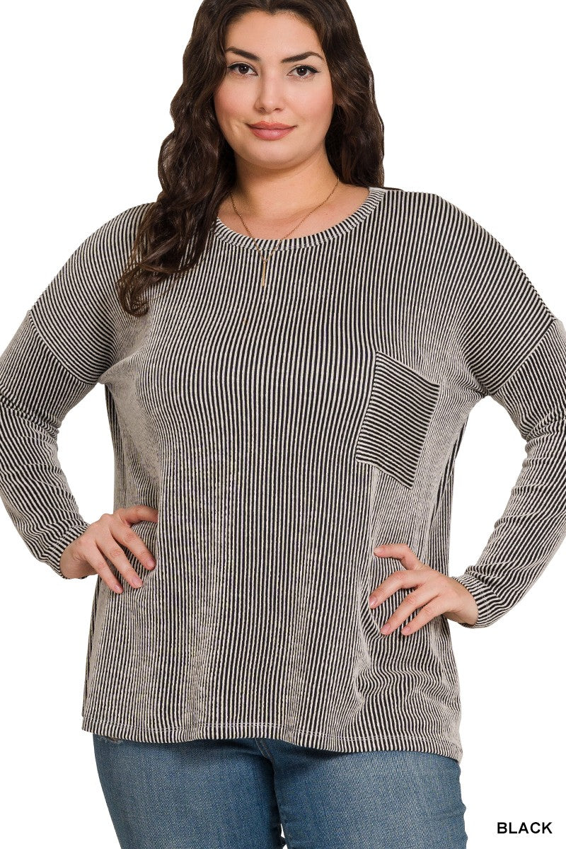 Plus Ribbed Striped Oversized Long Sleeve Top