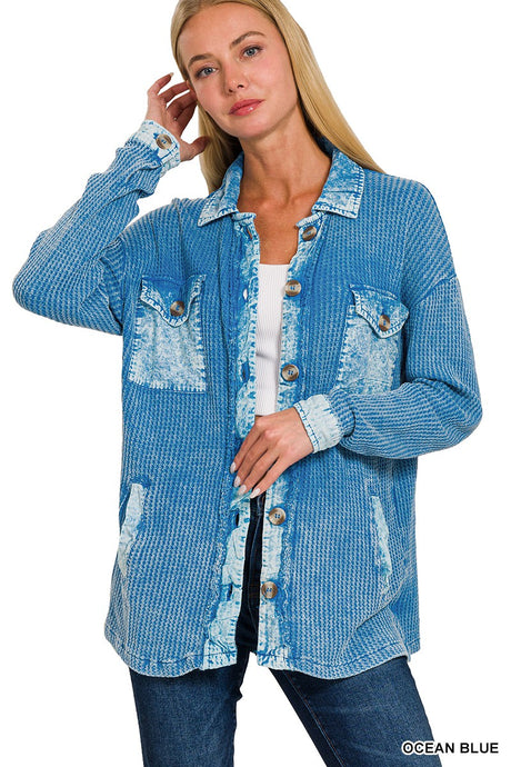 Cotton Waffle Acid Wash Shacket
