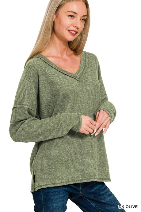 Ribbed V-neck Drop Shoulder Top