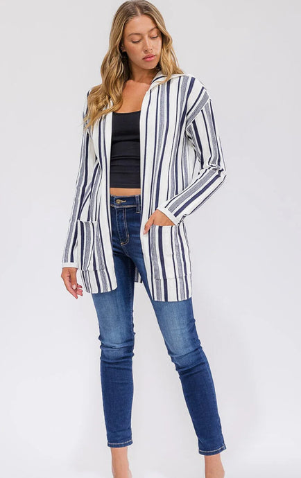 Open Front Colorblock Stripes Hooded Cardigan