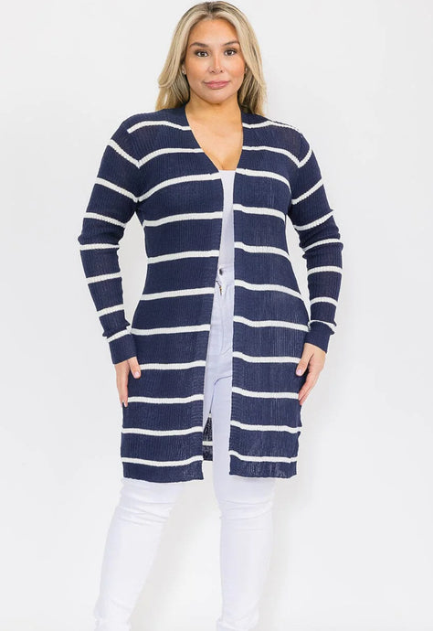 Plus Long Length Open Front Stripes Cardigan