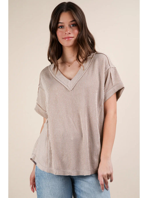 Soft Two Tone Casual Comfy Ribbed Knit Top