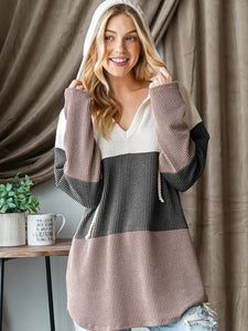 Solid Urban Ribbed Drawstring Hoodie Top