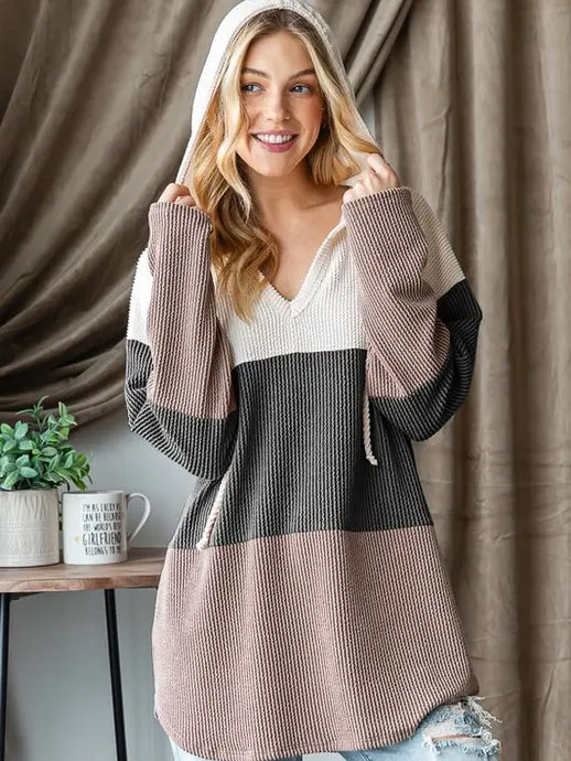 Solid Urban Ribbed Drawstring Hoodie Top