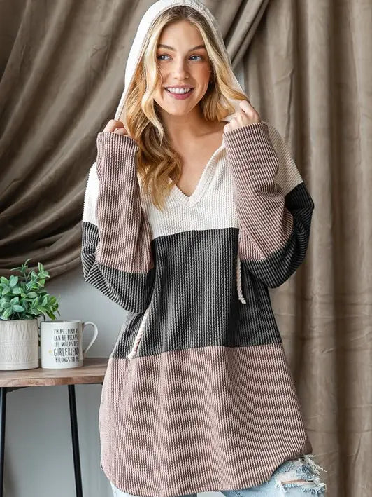 Solid Urban Ribbed Drawstring Hoodie Top