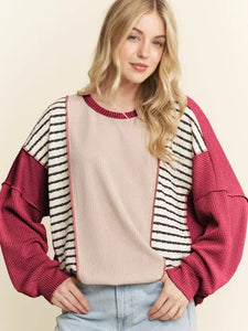 Long Sleeve Urban Rib and Stripe Color Block Top