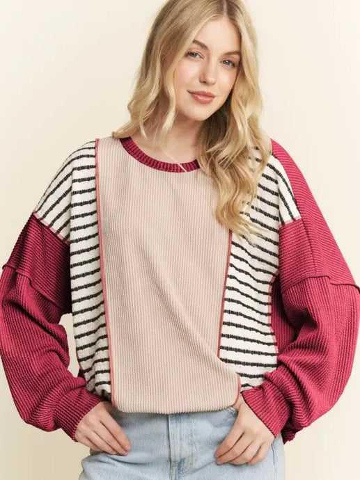 Long Sleeve Urban Rib and Stripe Color Block Top