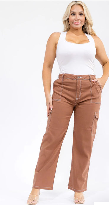 PLUS SIZE BUTTON CLOSURE CARGO POCKETS WIDE LEG PANTS