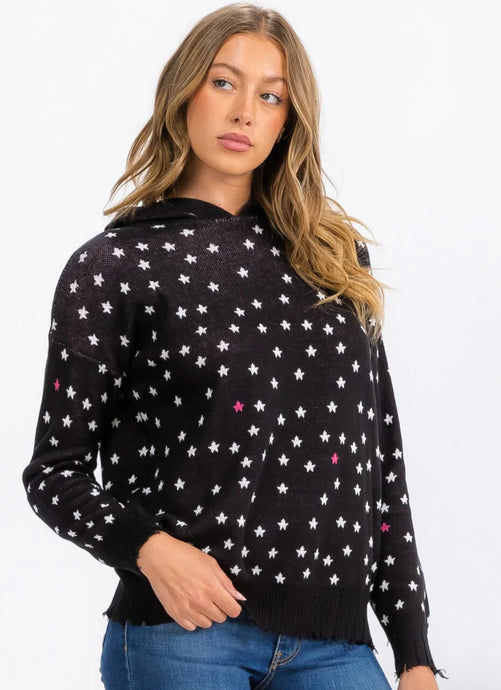 WOMEN'S LONG SLEEVE STARS PRINT PULLOVER HOODED TOP