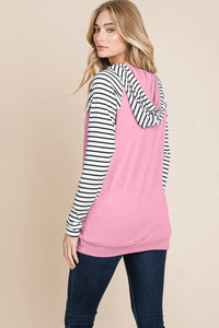 LONG SLEEVE FRONT POCKET HOODED STRIPES COLORBLOCK TOP