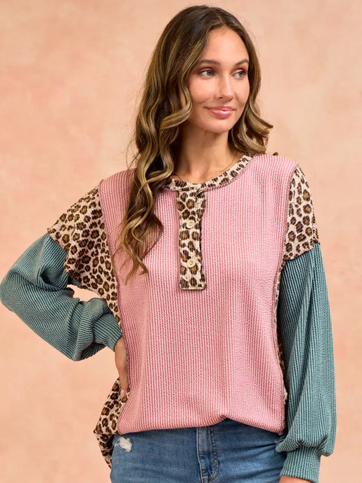 Long Sleeve Color Block Animal Print Top