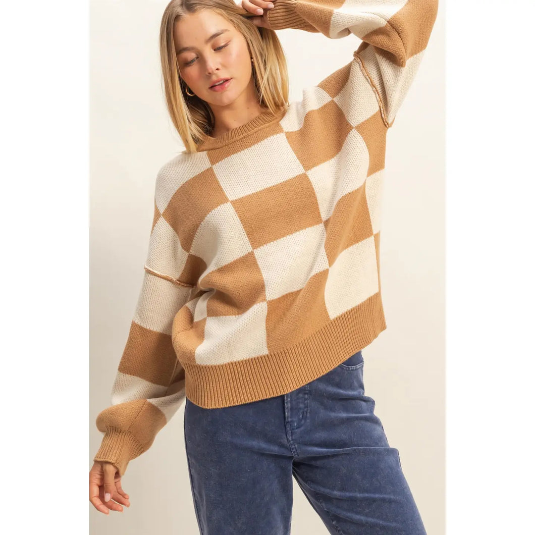 Trendy Crew Neck Checkered Knit Sweater
