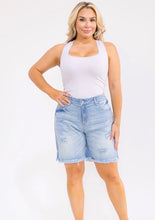 Load image into Gallery viewer, PLUS SIZE BUTTON CLOSURE POCKETS WASHED DISTRESS STRETCH DENIM SHORTS