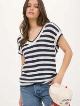 Load image into Gallery viewer, Stripe V Neck Crochet Knit Short Sleeve Sweater