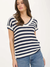 Load image into Gallery viewer, Stripe V Neck Crochet Knit Short Sleeve Sweater