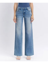 Load image into Gallery viewer, Mid Rise Medium Wash Clean Cut Raw Hem Wide Jeans