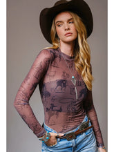 Load image into Gallery viewer, Cowgirl Print Mesh Mock Neck Top