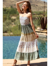 Load image into Gallery viewer, Smocked Strapless Maxi Dress Mixed Print and Lace