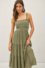 Load image into Gallery viewer, Embroidered Smocked Bodice Tier Midi Dress