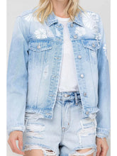 Load image into Gallery viewer, Classic Crop Denim Jacket W Flower Laser Print