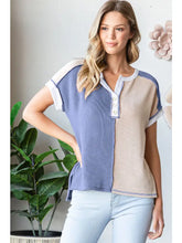 Load image into Gallery viewer, Ribbed Color Block Button Front Hi Low Short Sleeve Top
