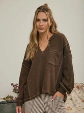 Load image into Gallery viewer, Split Neck Raw Edge Long Sleeve Ribbed Knit Top