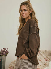 Load image into Gallery viewer, Split Neck Raw Edge Long Sleeve Ribbed Knit Top
