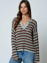 Load image into Gallery viewer, Stripe Raw Edge Split Neck Sheer Knit Sweater