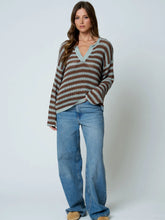 Load image into Gallery viewer, Stripe Raw Edge Split Neck Sheer Knit Sweater
