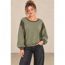 Load image into Gallery viewer, Rib Contrast Slub Knit Balloon Sleeve Banded Hem Top