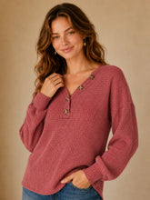 Load image into Gallery viewer, Two-Tone Waffle Knit Button V-Neck Long Sleeve Top