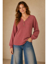 Load image into Gallery viewer, Two-Tone Waffle Knit Button V-Neck Long Sleeve Top