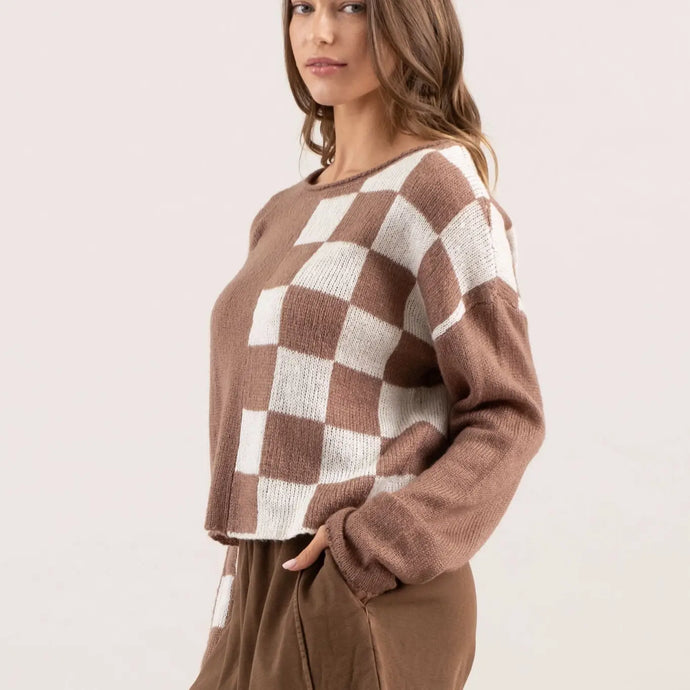 Color Block Checkered Long Sleeve Sweater