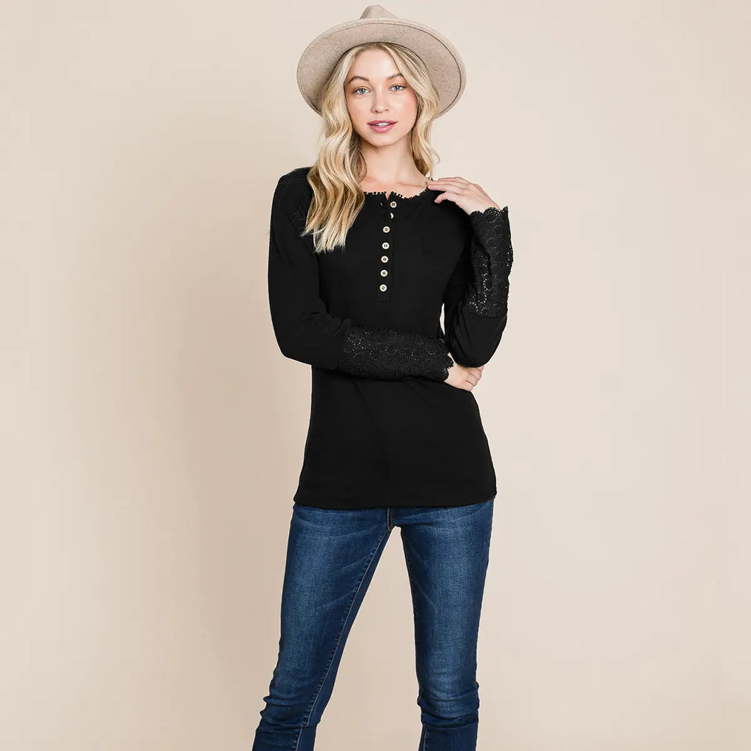 Scalloped Henley Neck Button Top