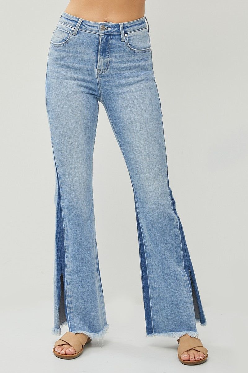 High Rise Side Shadow Seam Detail Split Flare Risen Jeans