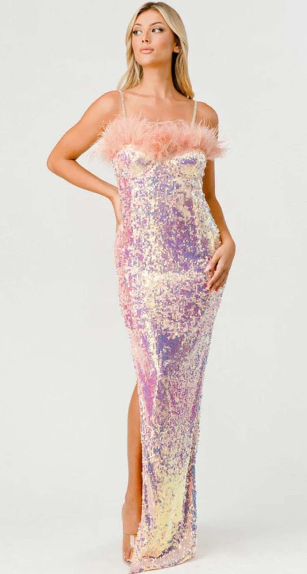 Slit Bodycon Feather Trim Sequins Prom Dress