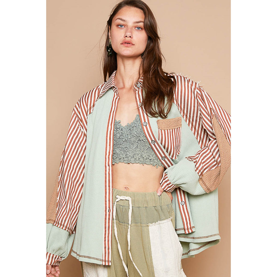 Balloon Sleeve Stripe Contrast Button Down Jacket