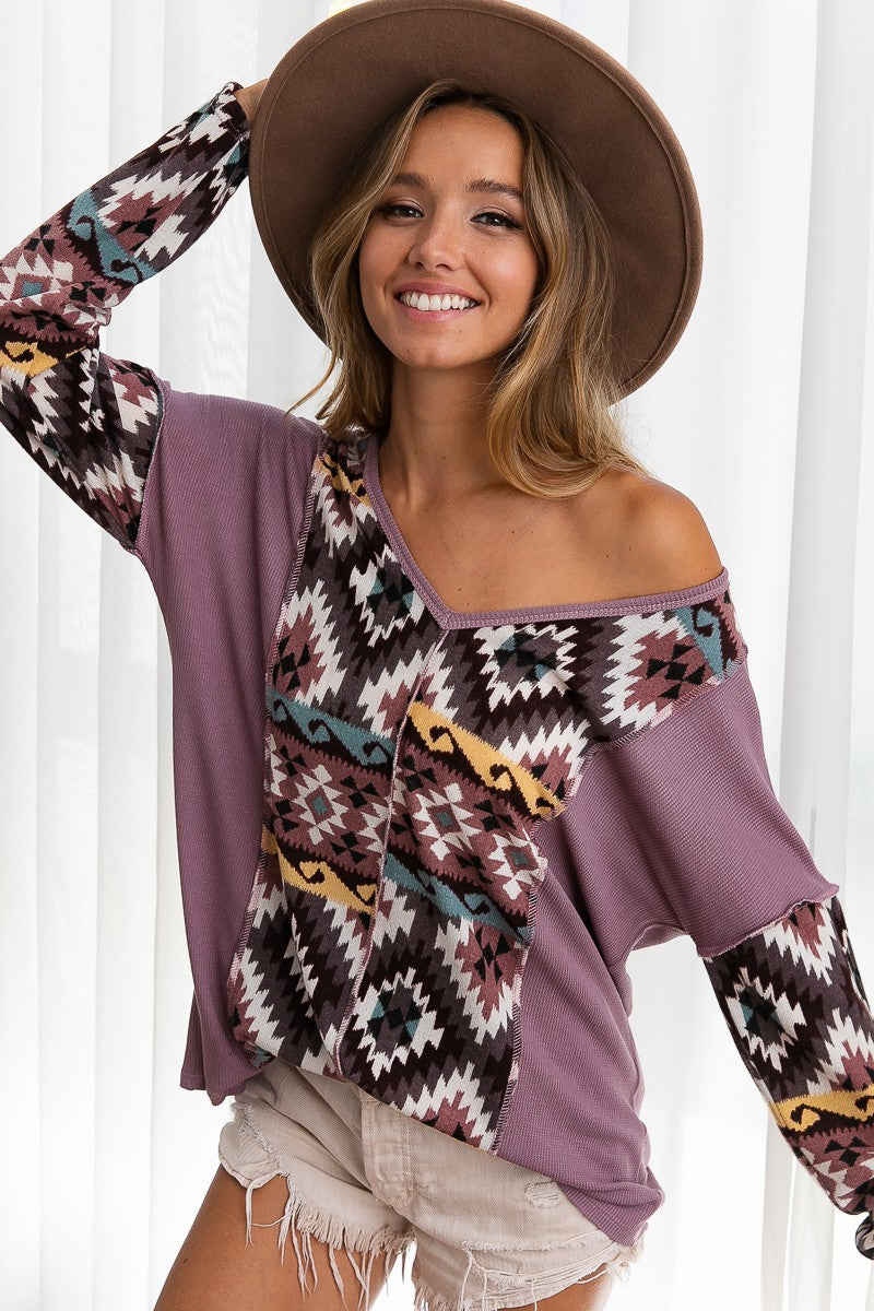 Aztec Print Color Block Long Sleeve Top