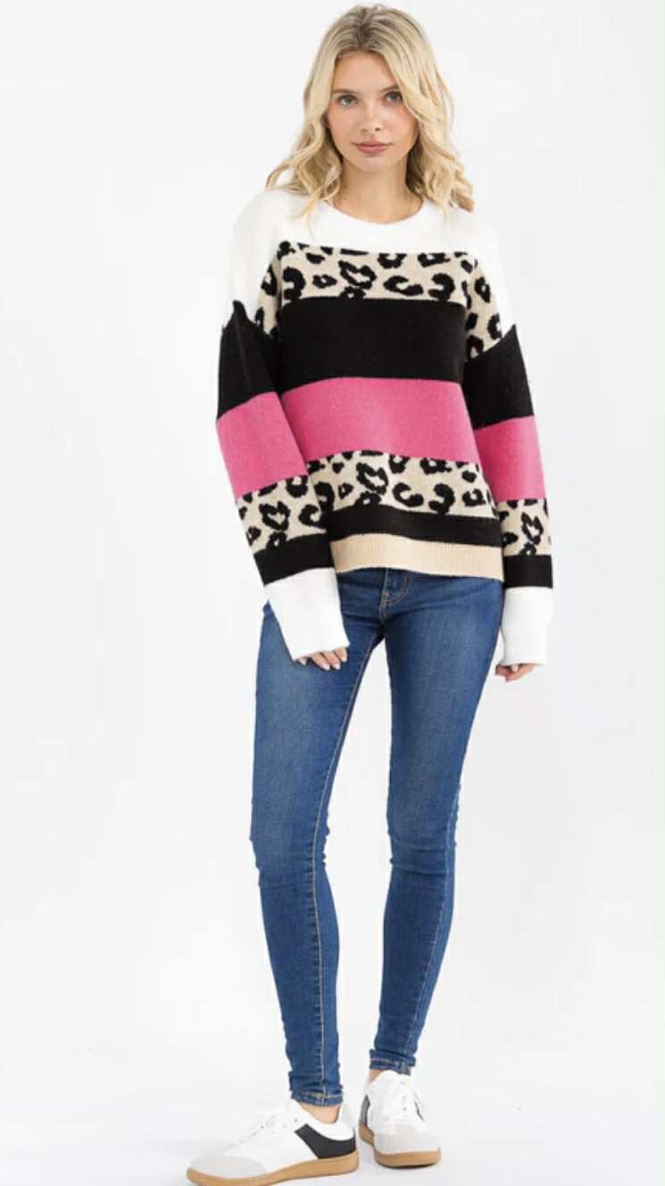 COLORBLOCK ANIMAL PRINT PULLOVER SWEATER