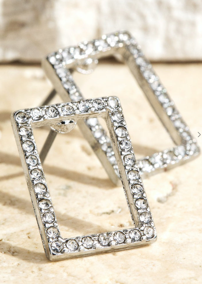 Rectangle Pave Glass Stone Stud Earrings