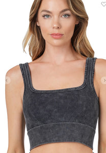 Washed Ribbed Square Neck Cropped Tank