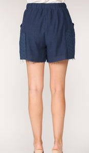 Raw Edge Elastic Waist Shorts