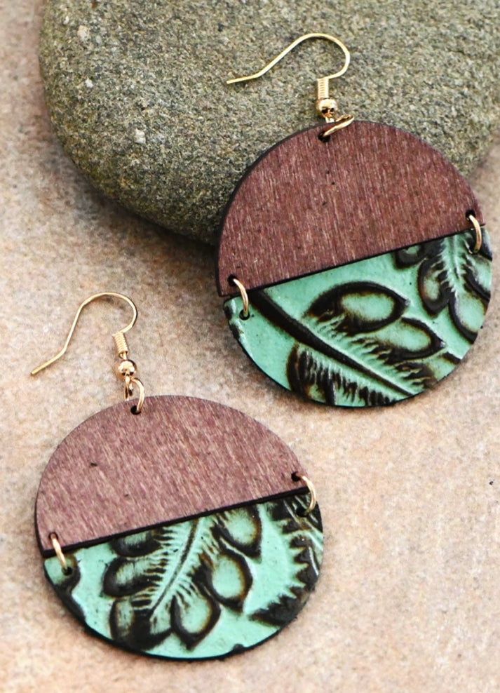 Wood and Turquoise Leather Earrings